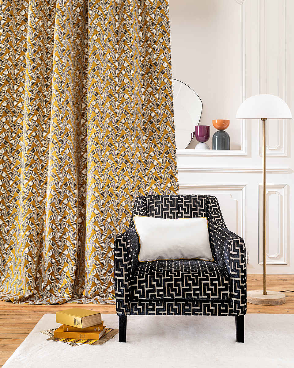 tissu rideau geometrique jaune ochre